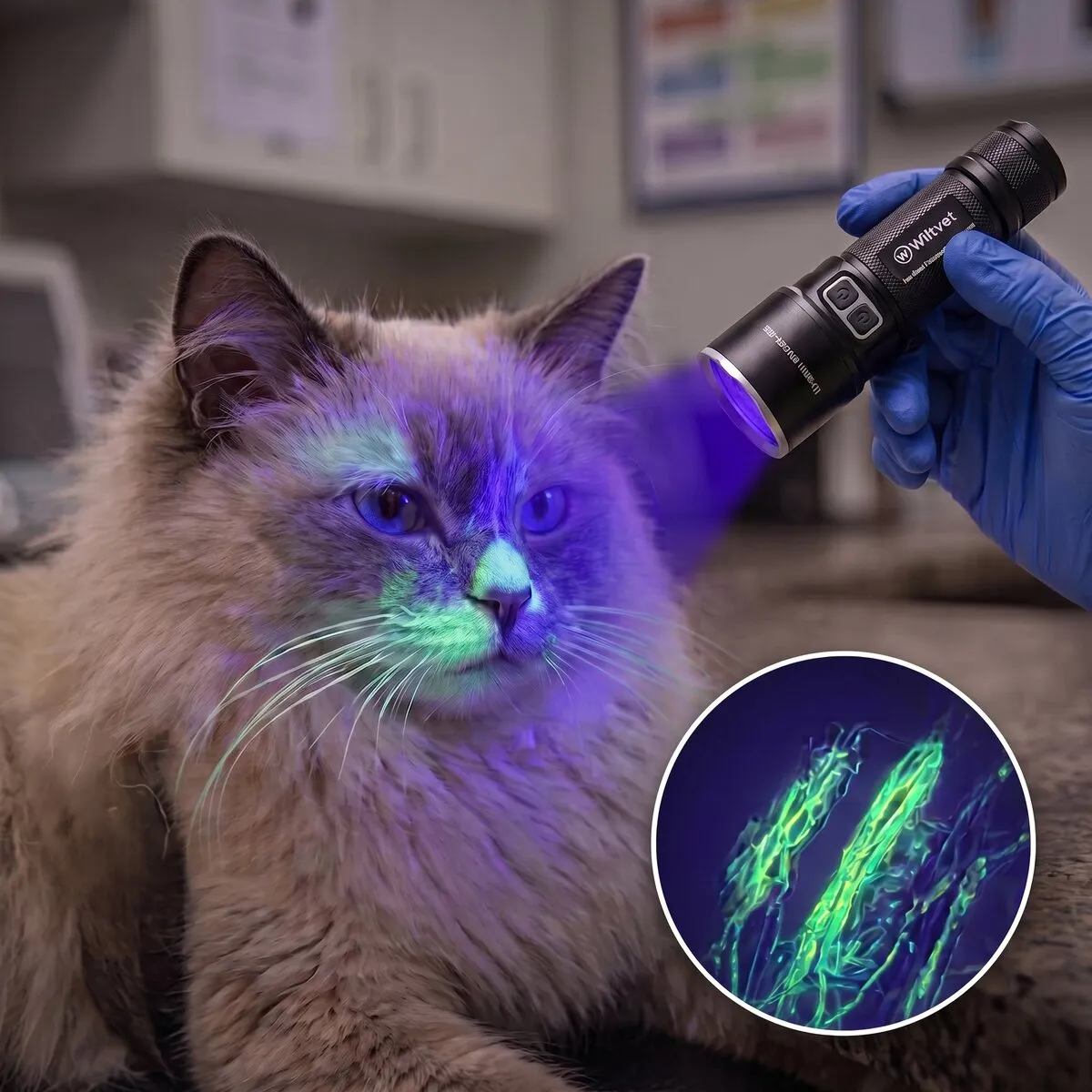 Lámpara de Wood sobre un gato, con la imagen ampliada de pelos con fluorescencia verde